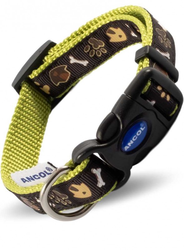 Nylon halsbånd trinløs justering Lime & Brown